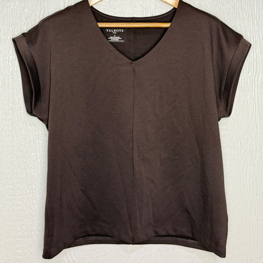Talbots Plus Womens X Brown V-Neck Cuffed Short Sleeve Top Center Seam Stretch